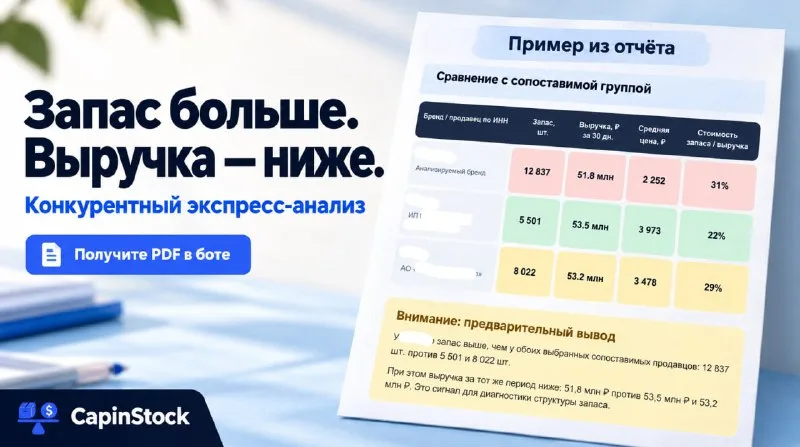 Экспресс-анализ конкурентов в CapinStock: сравнение запасов и выручки продавцов