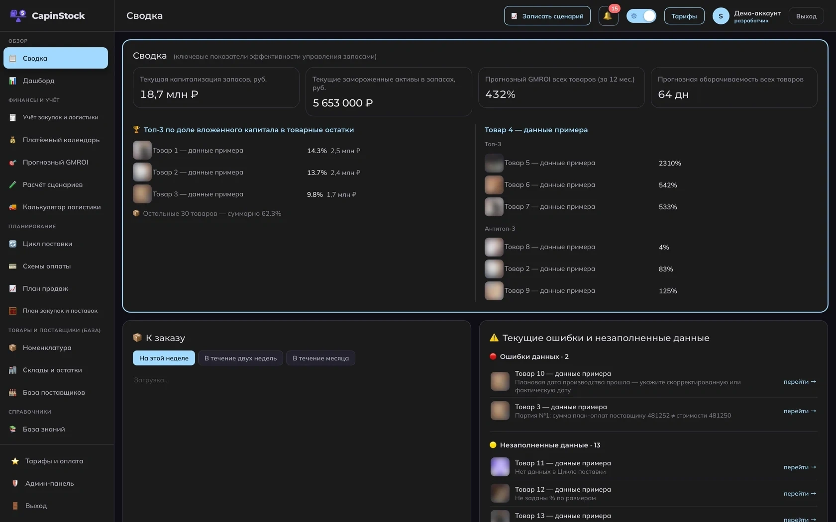 Сводка ключевых показателей CapinStock, тёмная тема