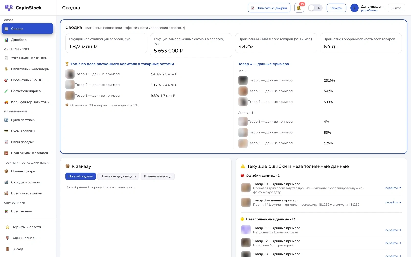 Сводка ключевых показателей CapinStock, светлая тема